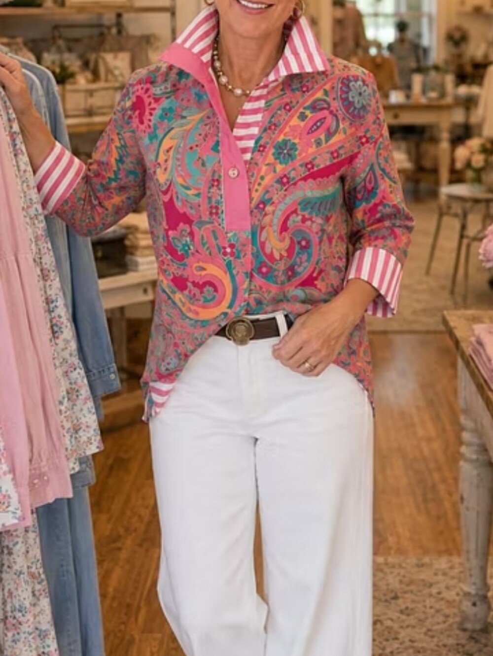 Nwt Cherry Betty V-Neck Blouse in Pink Floral Stripes